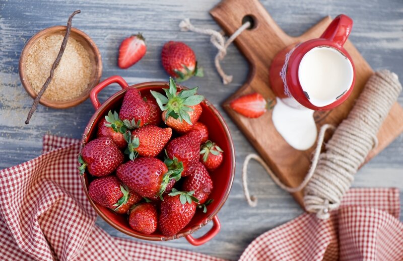 Strawberries in Red Bowl — Calm, Photograph