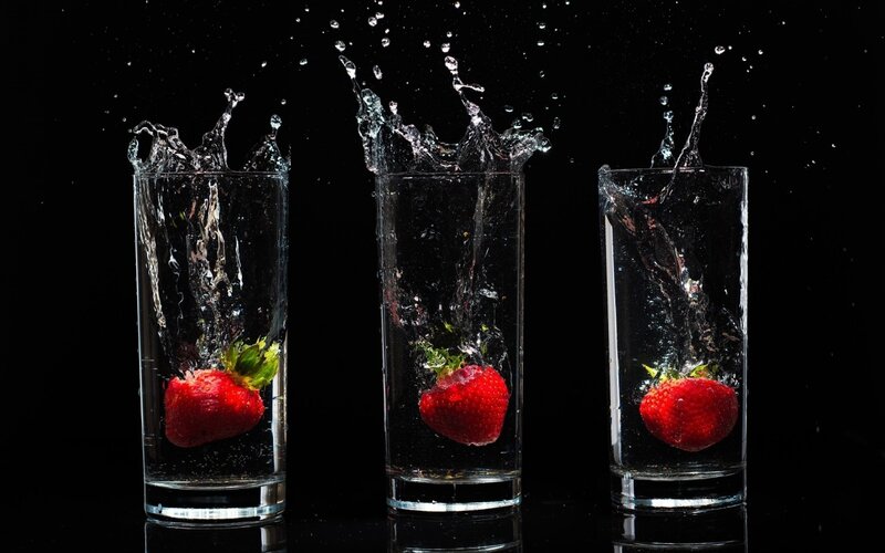Strawberries in Water — Black, Dramatic, Photograph, Glass