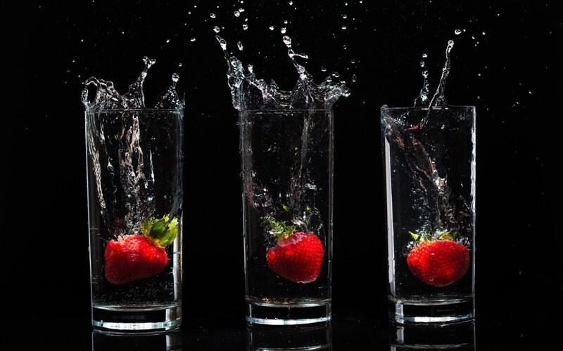 Strawberries in Water — Black, Dramatic, Photograph