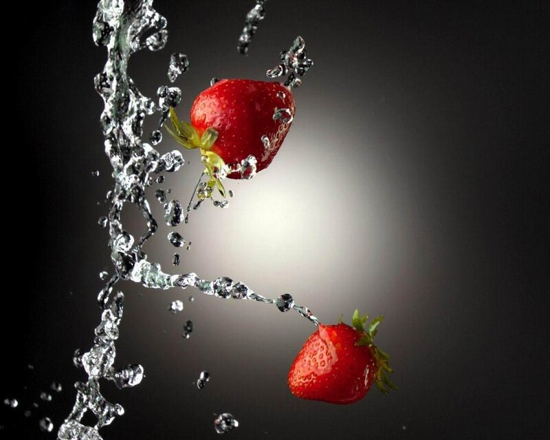 Strawberries in Water — Red, Dramatic, Photograph, Drops