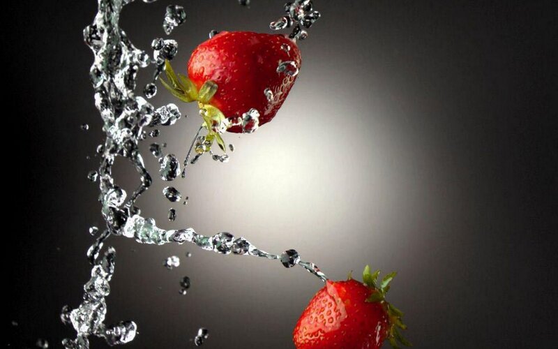 Strawberries in Water — Red, Dramatic, Photograph, Splashes