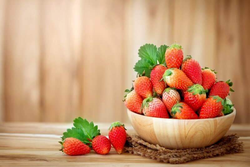 Strawberries in Wooden Bowl — Red, Natural, Photograph