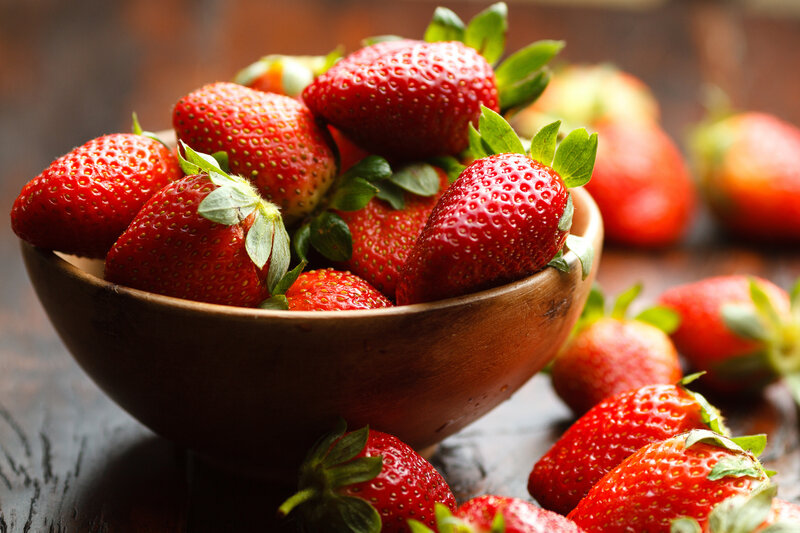 Strawberries in Wooden Bowl