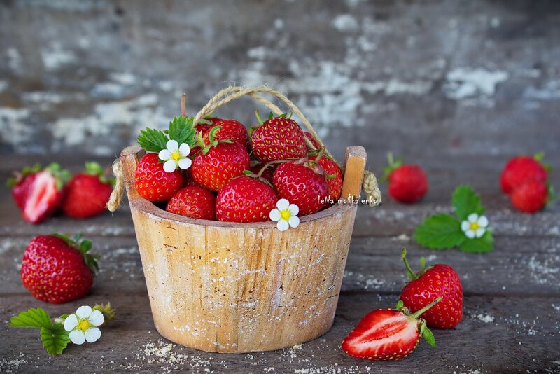 Strawberries in Wooden Bucket