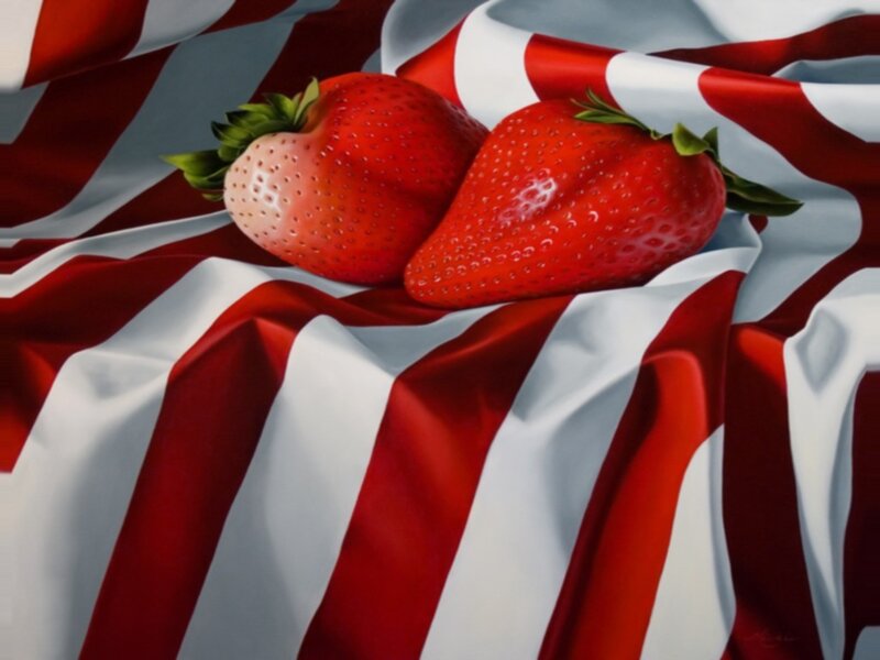 strawberries on striped fabric