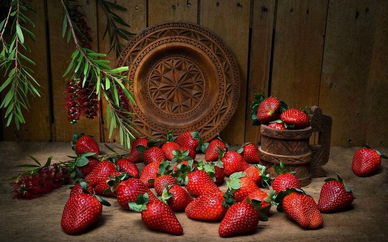 Strawberries on Wooden Surface — Red, Dramatic, Photograph