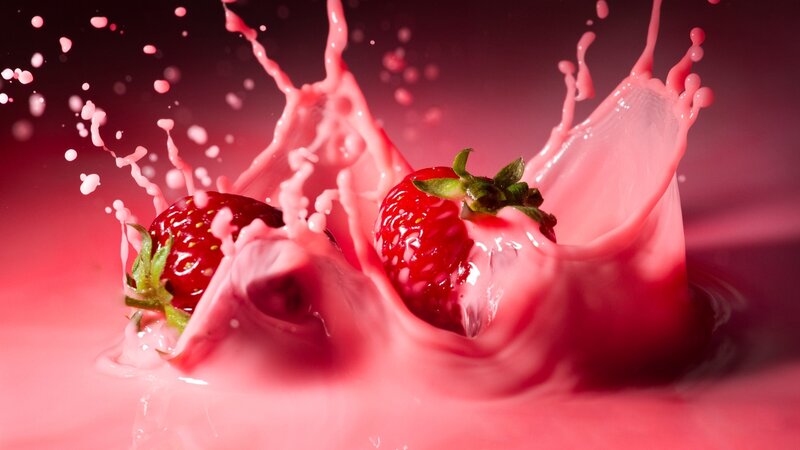 Strawberries Splashing in Liquid — Red, Dynamic, Photograph, Splashes
