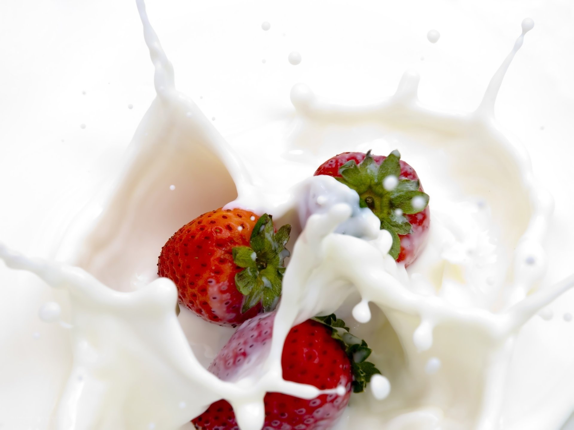 strawberries splashing in milk
