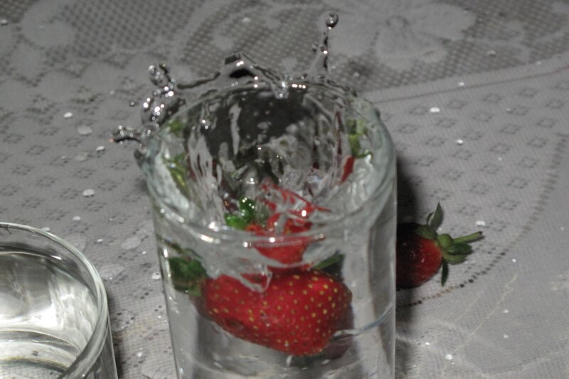 Strawberries Splashing in Water — Red, Dynamic, Photograph
