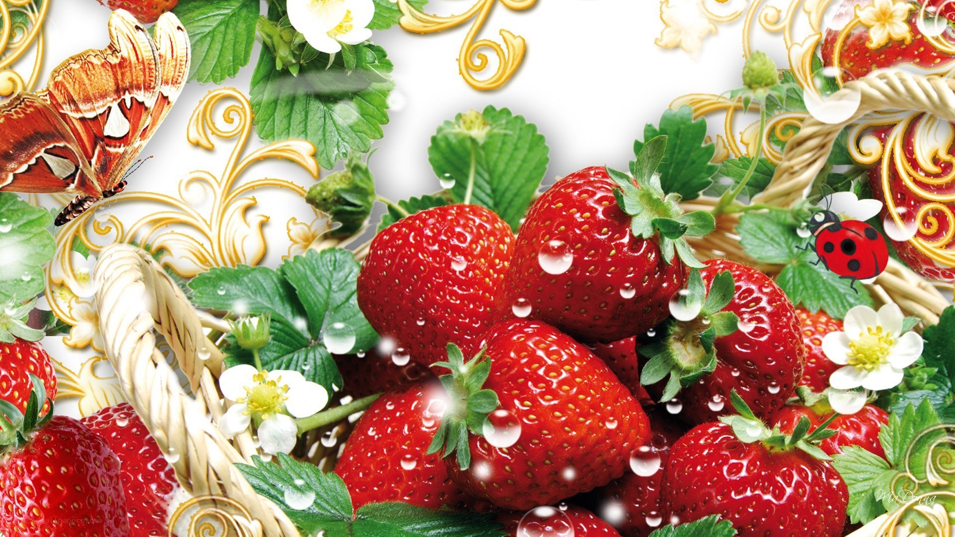 Strawberries with butterfly and ladybug