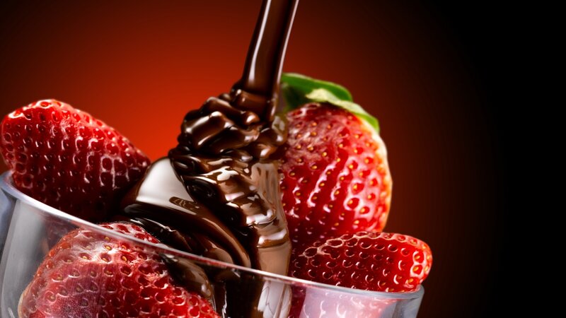 Strawberries with Chocolate — Red, Dramatic, Photograph, Glass