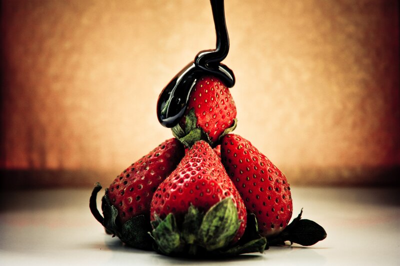 Strawberries with Chocolate — Red, Dramatic, Photograph, Leaves