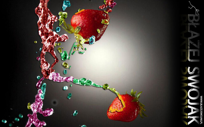 strawberries with colorful splashes