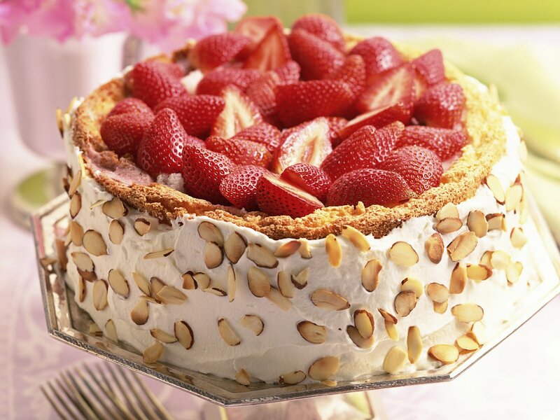 Strawberry Almond Cake — White, Appetizing, Afternoon