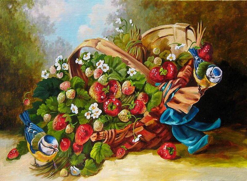 Strawberry Basket with Birds