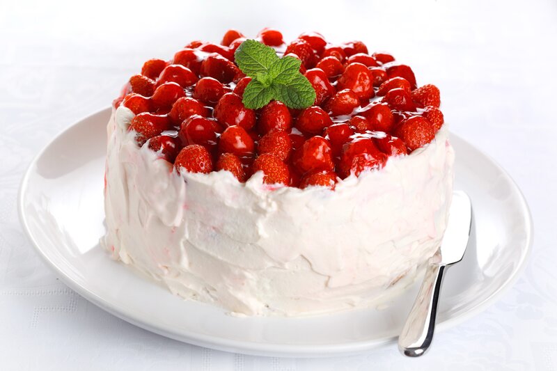 Strawberry Cake on Plate — White, Appetizing, Photograph, Strawberries