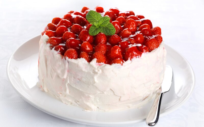 Strawberry Cake on Plate — White, Appetizing