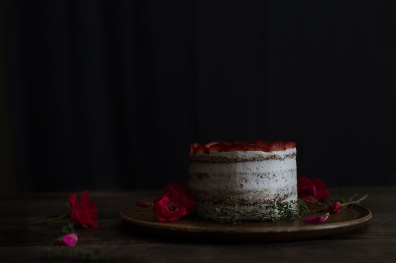 Strawberry Cake on Platter — White, Dramatic