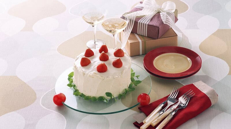 Strawberry Cake on Table — White, Celebratory, Photograph, Champagne Glasses