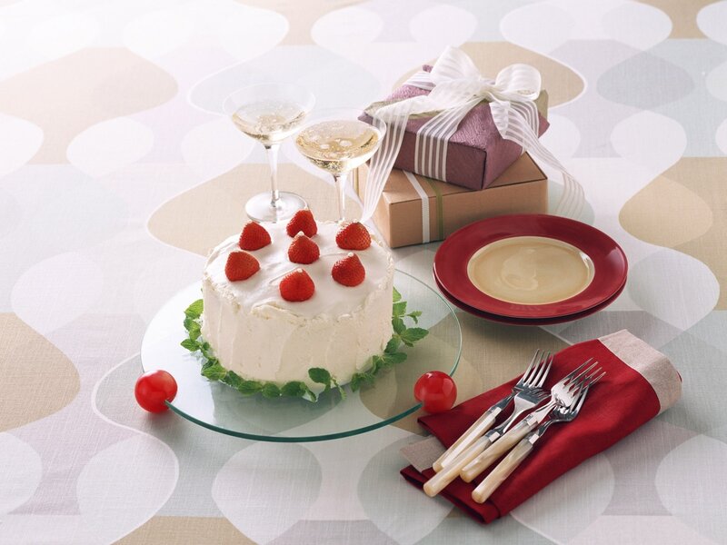 Strawberry Cake on Table — White, Celebratory, Photograph