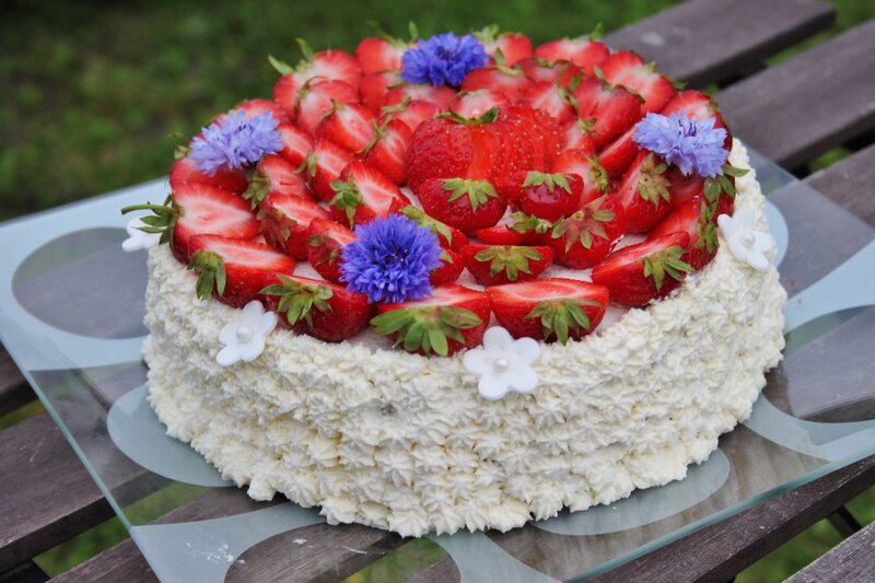 Strawberry Cake with Flowers — White, Festive