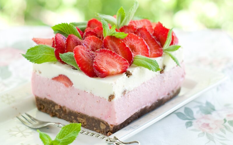 Strawberry Cheesecake Slice — Pink, Fresh, Afternoon, Photograph, Strawberries, Mint Leaves, Fork