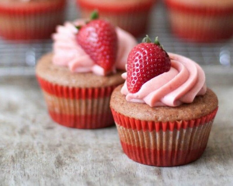 Strawberry Cupcakes — Red, Appetizing, Photograph, Strawberries, Frosting, Cupcake Liners