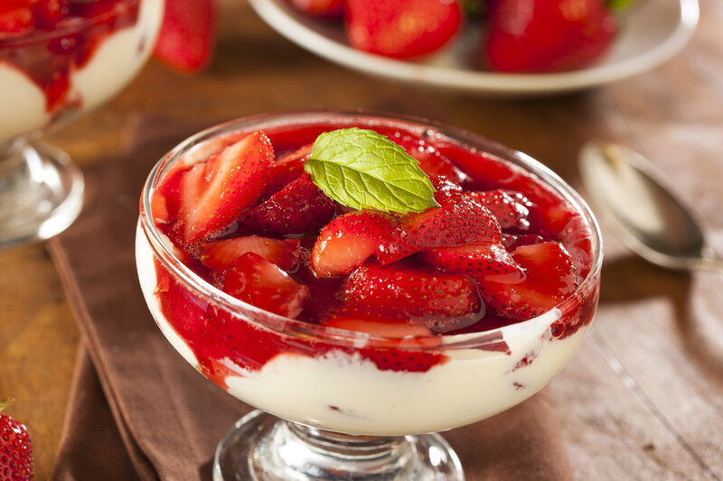 Strawberry Dessert in Glass — Red, Appetizing, Photograph, Mint Leaf