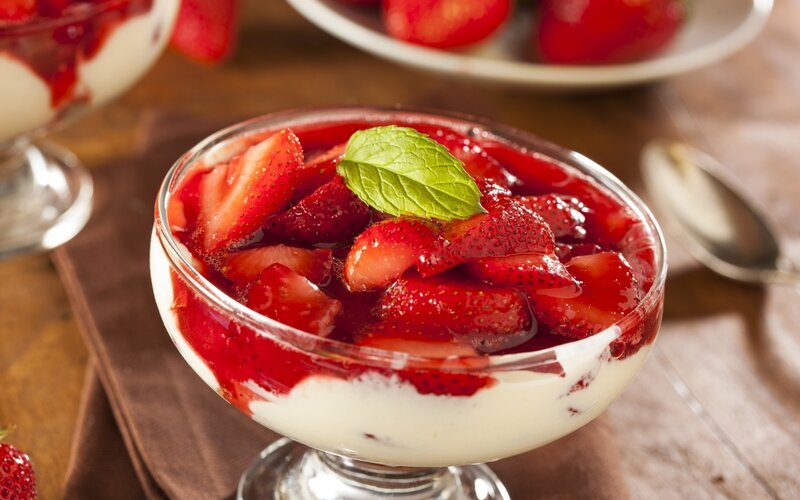 Strawberry Dessert in Glass — Red, Appetizing, Photograph, Strawberries, Mint Leaf, Spoon