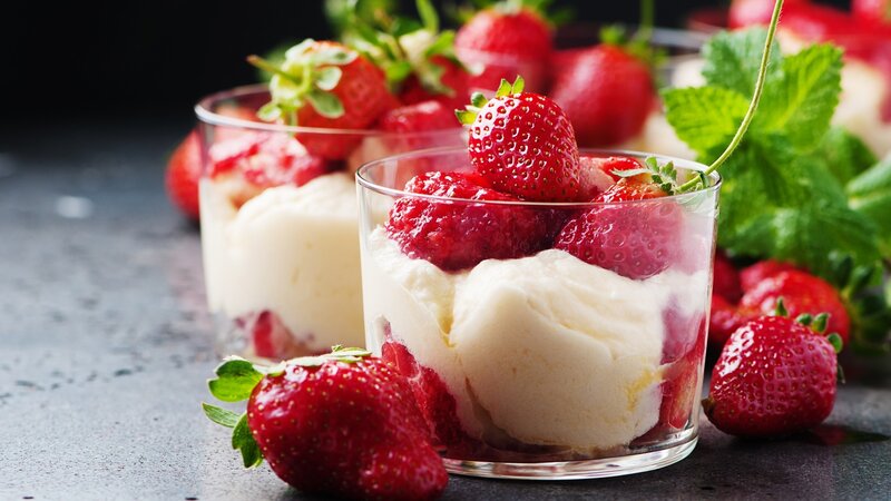 Strawberry Dessert in Glass — Red, Fresh, Photograph, Strawberries, Mint Leaves, Ice Cream