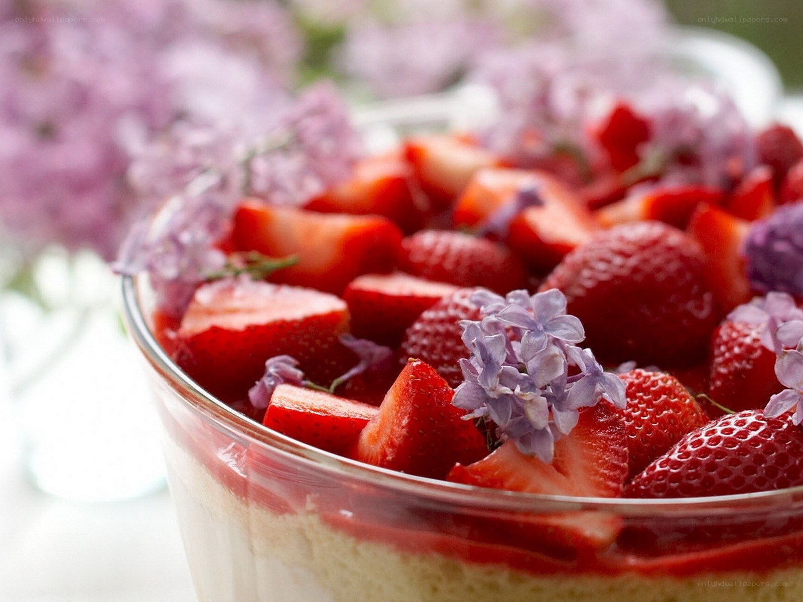 strawberry dessert with lilacs