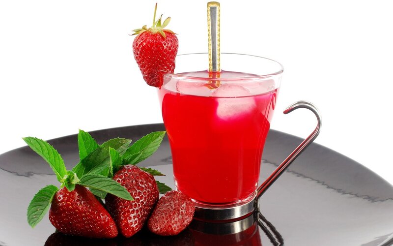Strawberry Drink in Glass — Red, Refreshing, Photograph, Strawberries, Mint, Ice Cubes