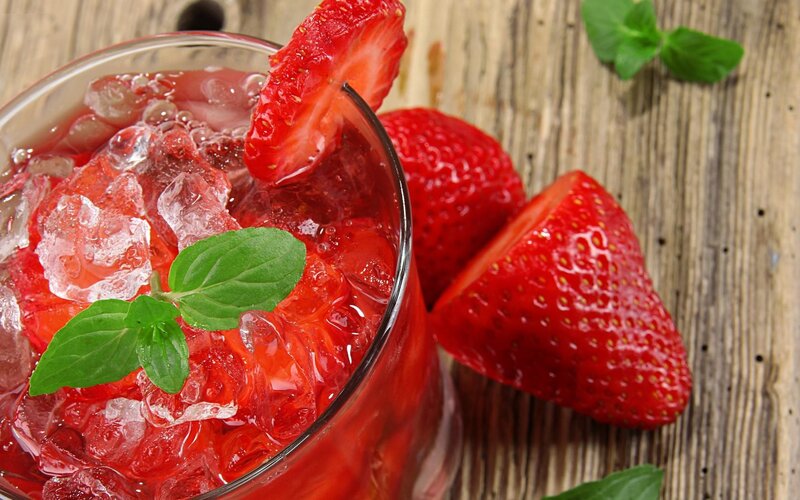 Strawberry Drink in Glass — Red, Refreshing, Photograph, Strawberries, Mint, Ice