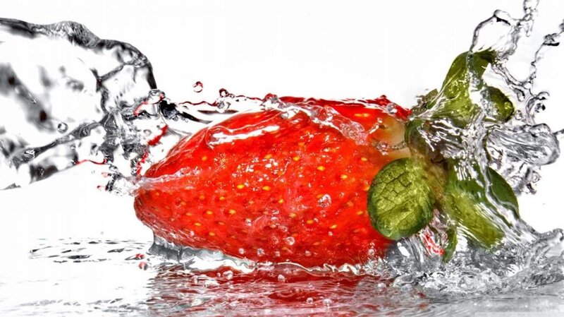 Strawberry in Water — Red, Dynamic, Photograph