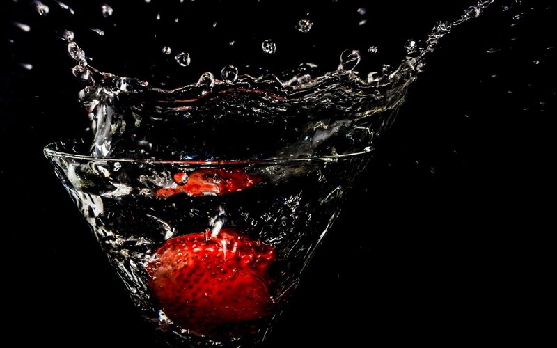 Strawberry in Water Splash — Red, Dramatic, Photograph, Glass