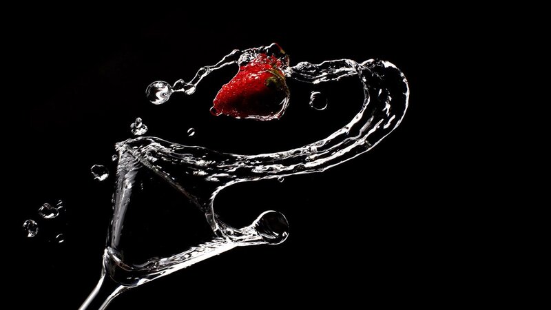 Strawberry in Water Splash — Red, Dramatic, Photograph