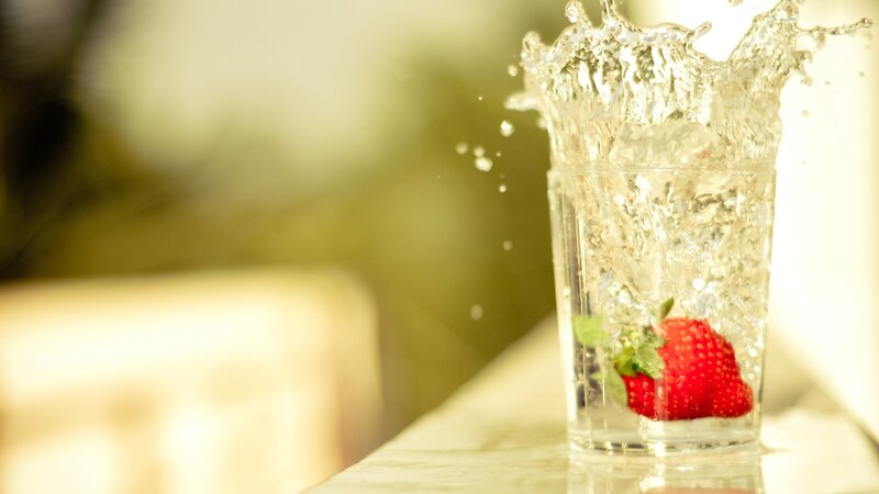 Strawberry in Water Splash — Red, Dynamic, Photograph