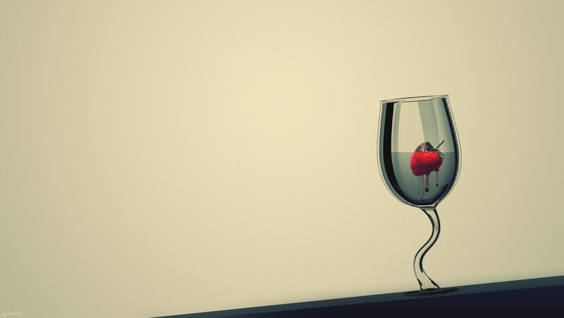 Strawberry in Wine Glass — Beige, Minimalist, Digital Art