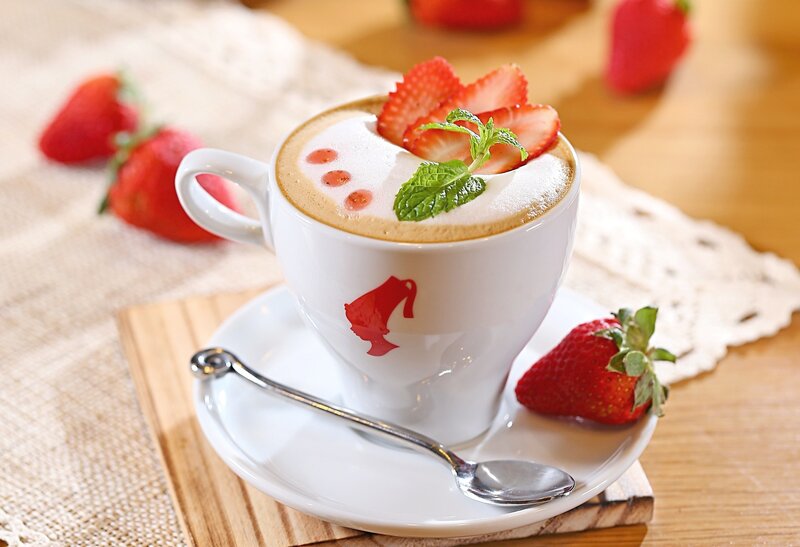 Strawberry Latte in Cup — White, Calm, Afternoon