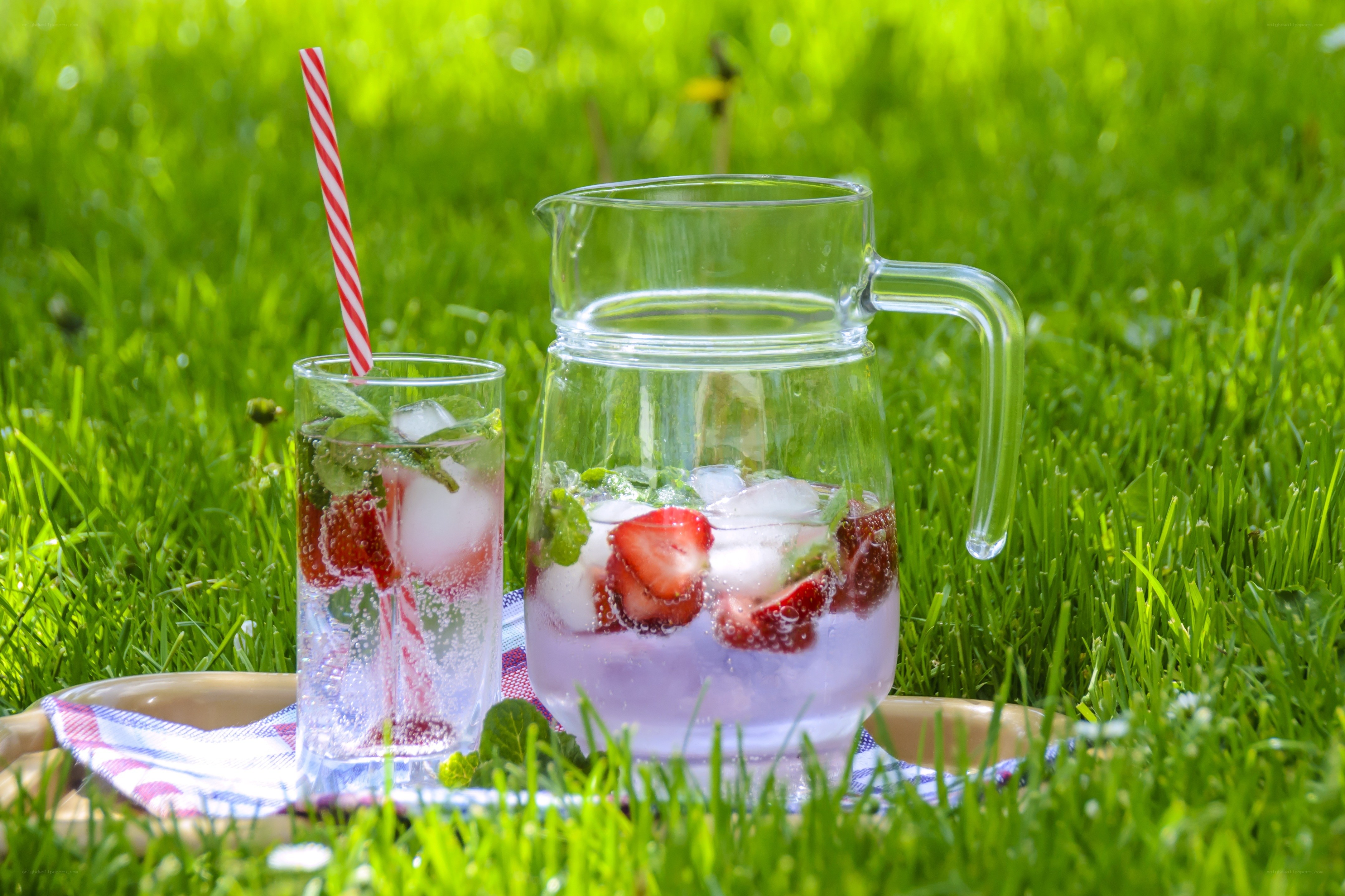 Strawberry mint drink on grass
