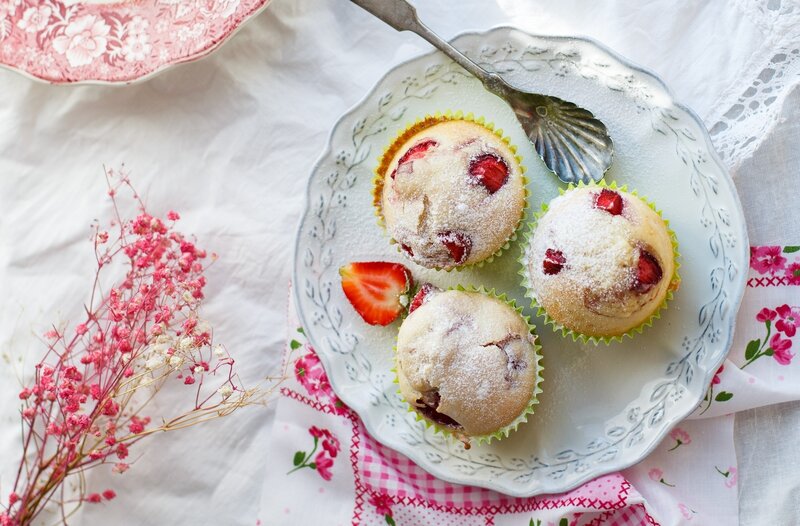 Strawberry Muffins on Plate — White, Serene, Afternoon
