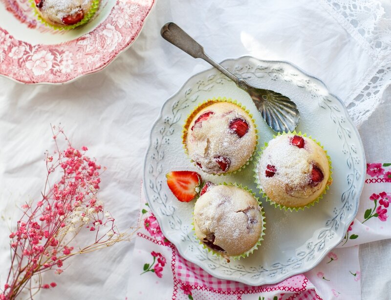 Strawberry Muffins on Plate — White, Serene