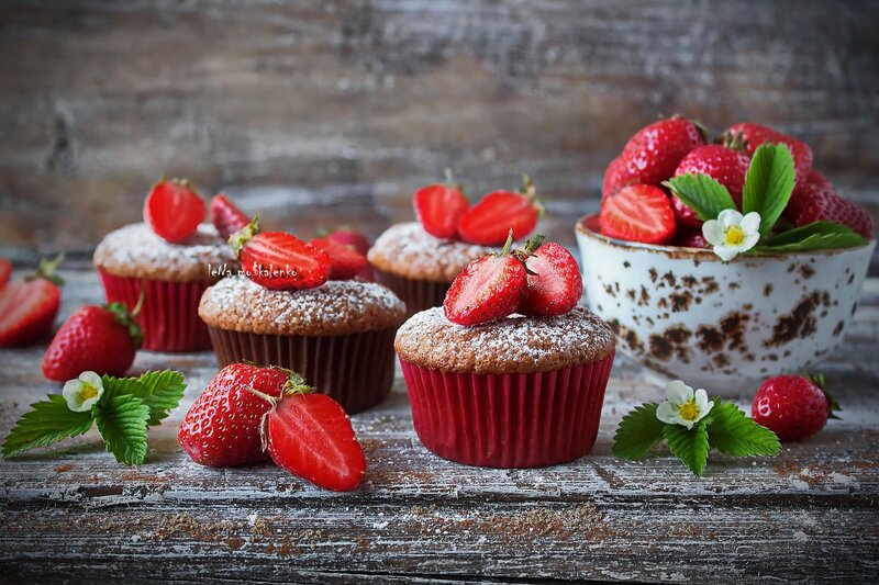 Strawberry Muffins on Wood