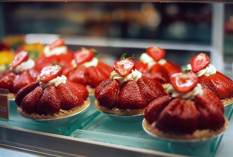 Strawberry tarts in display case