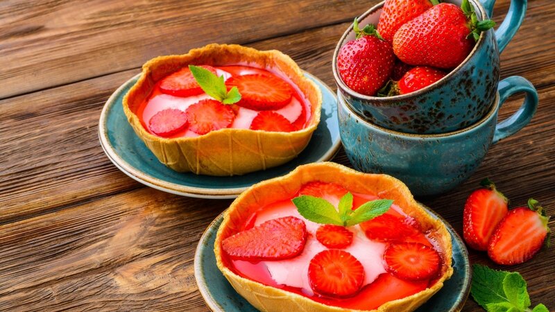 Strawberry Tarts on Wood — Red, Appetizing