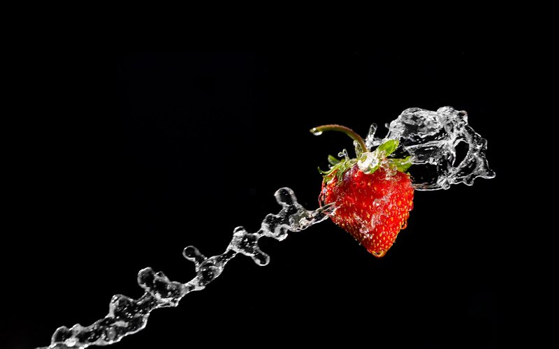 Strawberry with Water Splash — Red, Dramatic, Photograph