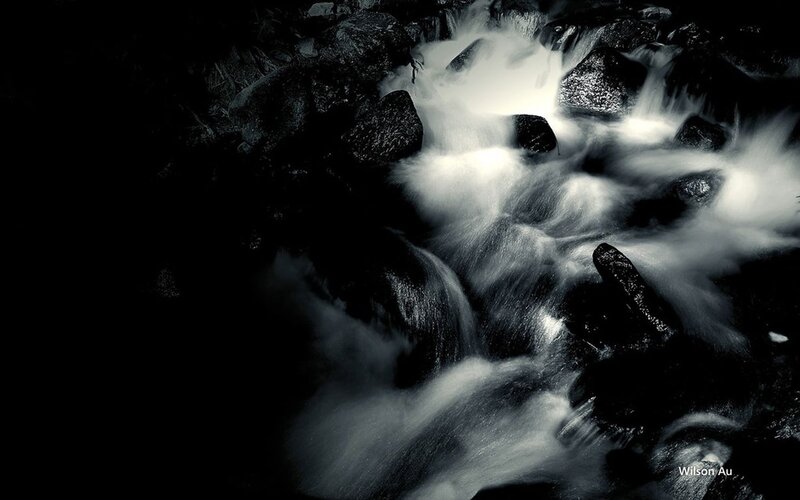 Stream Flowing over Rocks — Black, Dramatic