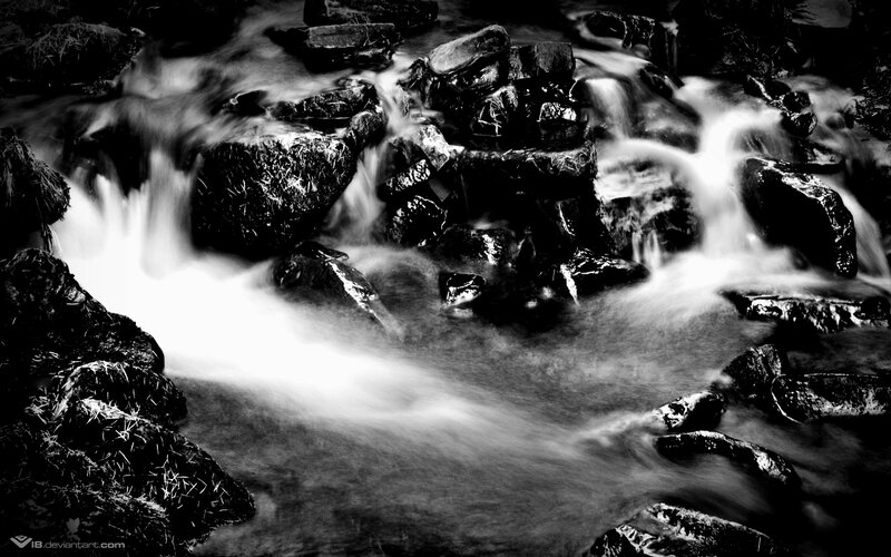 Stream Flowing over Rocks — Black, Serene, Photograph