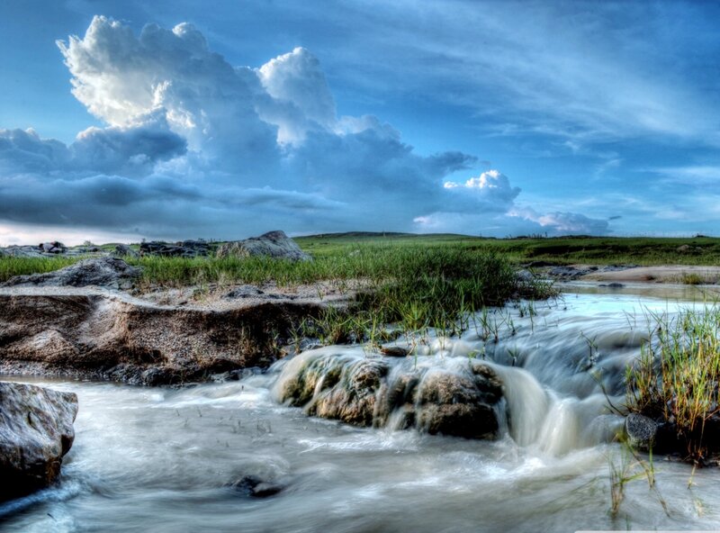 Stream Flowing over Rocks — Blue, Dramatic, Afternoon, Photograph, Grass