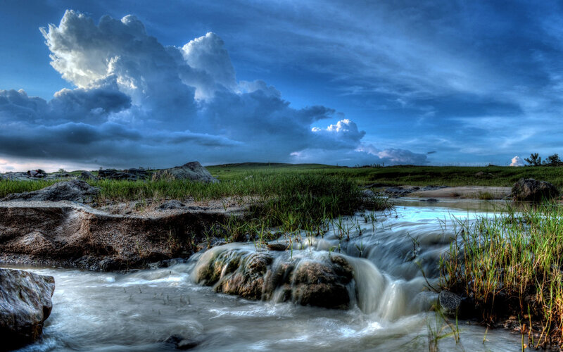 Stream Flowing over Rocks — Blue, Dramatic, Afternoon, Photograph